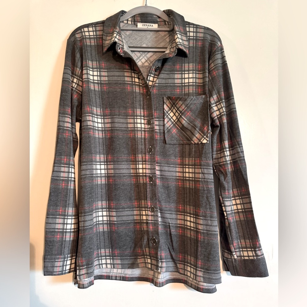 NWOT Zenana Gray, red and cream Plaid Button-Up Shirt